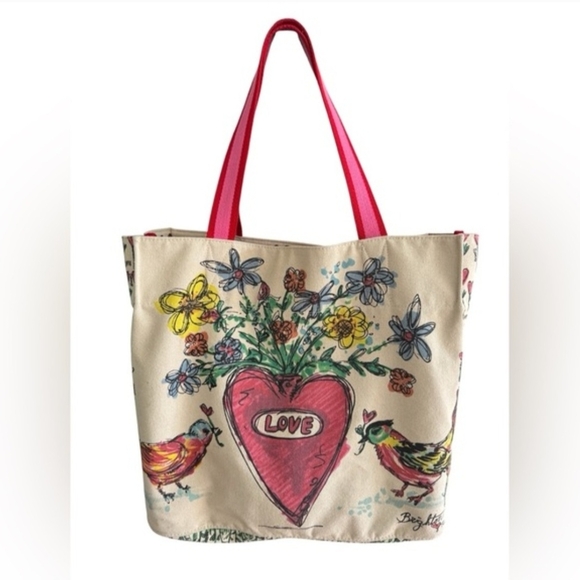Brighton Handbags - Brighton Cream Canvas Tote with Red Handles and Love Heart Design